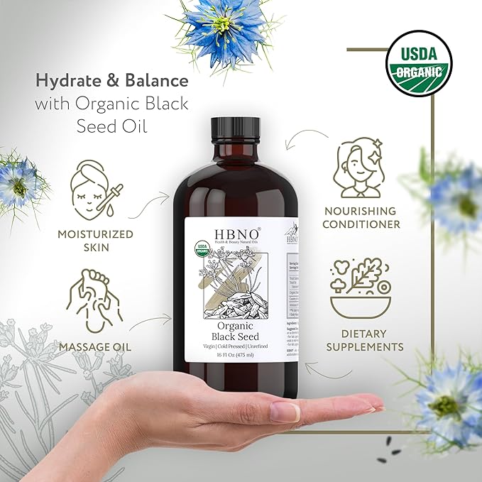 HBNO Organic Black Seed Oil - Huge 16 oz (475ml) Glass Bottle Value Size - USDA Certified Organic