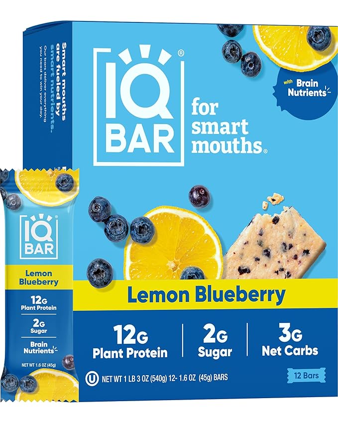 IQBAR Brain and Body Plant Protein Bars - Lemon Blueberry - 12-Count Low Carb - Gluten Free, High