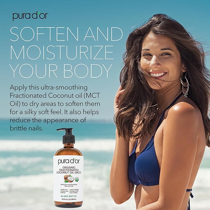PURA D'OR 16.9 Oz ORGANIC Fractionated Coconut Oil MCT Oil (GLASS BOTTLE) 100% Pure & Natural USDA