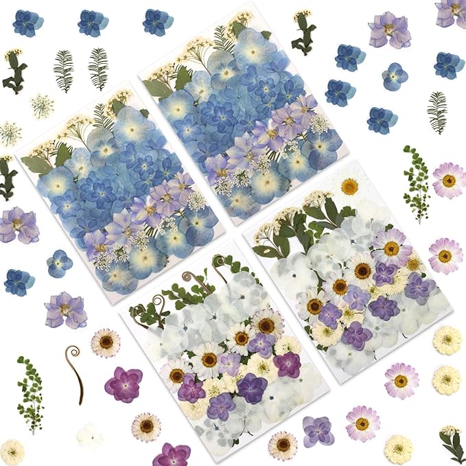 LUXEEASE 140 Pcs Dried Pressed Hydrangea Flowers for Crafts, Real Natural Blooms in Blue, Pink &