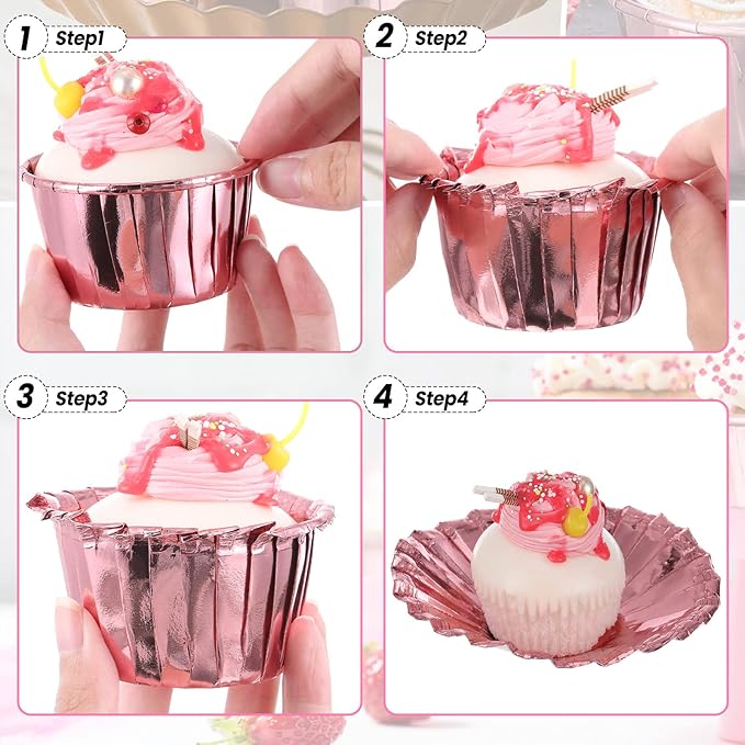 300 Pack Rose Pink Gold Cupcake Cups Bulk Disposable Foil Muffin Liners 3.5 oz Wrappers for Baking