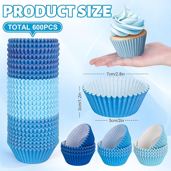 Whaline 600Pcs Blue Cupcake Liners Gradient Blue Baking Cups Holders Cupcake Wrappers Muffin Liners