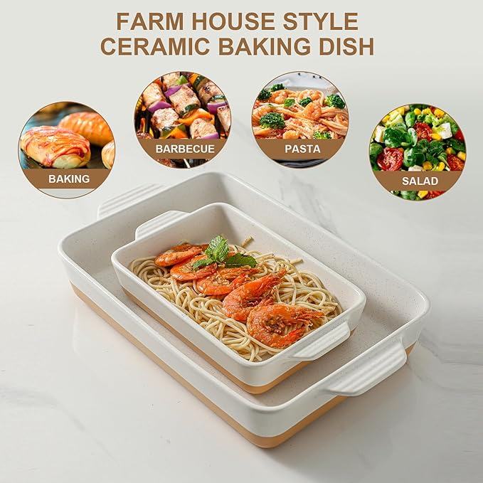 Ceramic Baking Casserole Dish with Handles, Large 9x13 inch Pan and Middle Baking Pan - Porcelain
