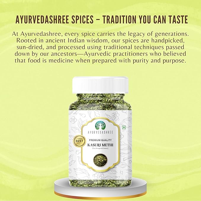 AYURVEDASHREE Fenugreek Leaves Dried (Kasoori Methi) 25gm PET Jar ~ All Natural | Vegan | NON-GMO |