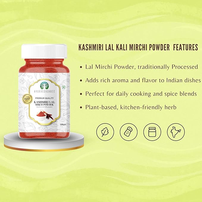 AYURVEDASHREE Kashmiri Chilli Powder (Deggi Mirch, Low Heat) Ground Indian Spice 100gm PET Jar |