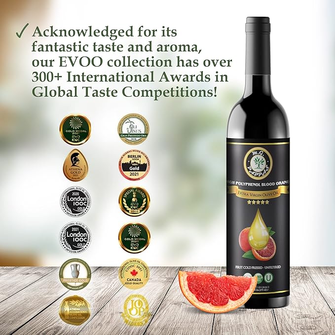 M.G. PAPPAS High Polyphenol Rich Blood Orange-Infused Olive Oil Extra Virgin - Over 500mg/kg - Cold