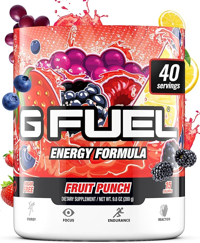 G Fuel Fruit Punch Energy Drink Powder, Pre Workout Caffeine Mix for Gaming, Sugar Free Focus