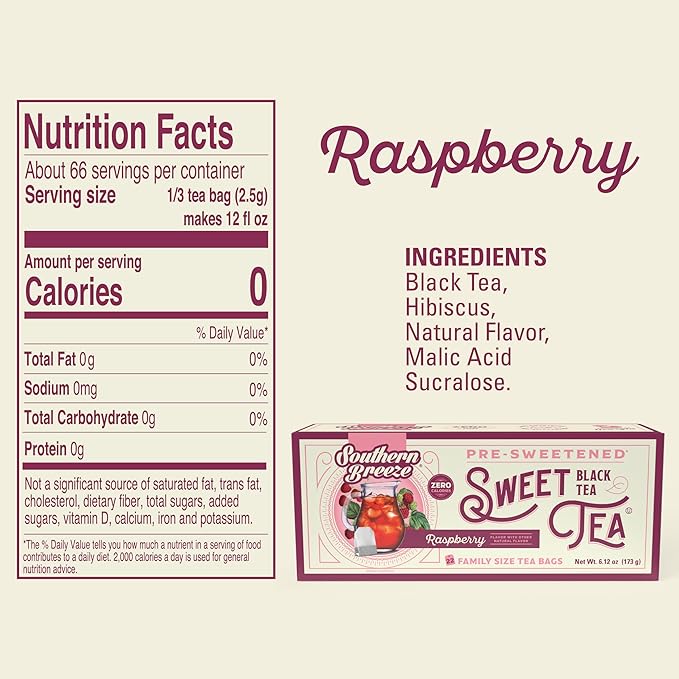 Southern Breeze Hot Brew Sweet Tea Raspberry Iced Tea with Black Tea and Zero Carbs Zero Sugar, 22