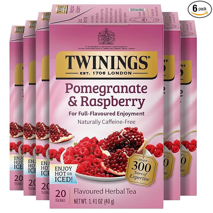 Twinings Pomegranate & Raspberry Herbal Tea Individually Wrapped Bags, 20 Count (Pack of 6)