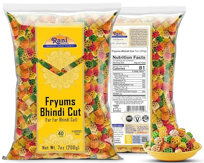 Rani Far Far/Fryums (Wheat & Tapioca Pellet) Bhindi Shape 7oz (200g) ~ Vegan, Kosher, Uncooked