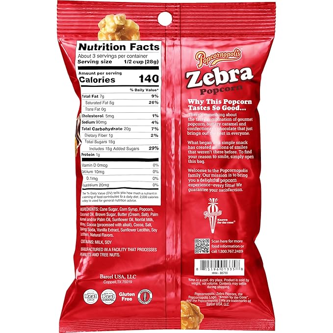 Popcornopolis Zebra Popcorn, Caramel Corn with Chocolate Flavored Stripes, Multipack, 12 Individual