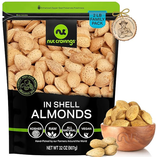 NUT CRAVINGS - In Shell Almonds - Raw, Whole, (32oz - 2 LB) Packed Fresh in Resealable Bag - Nut