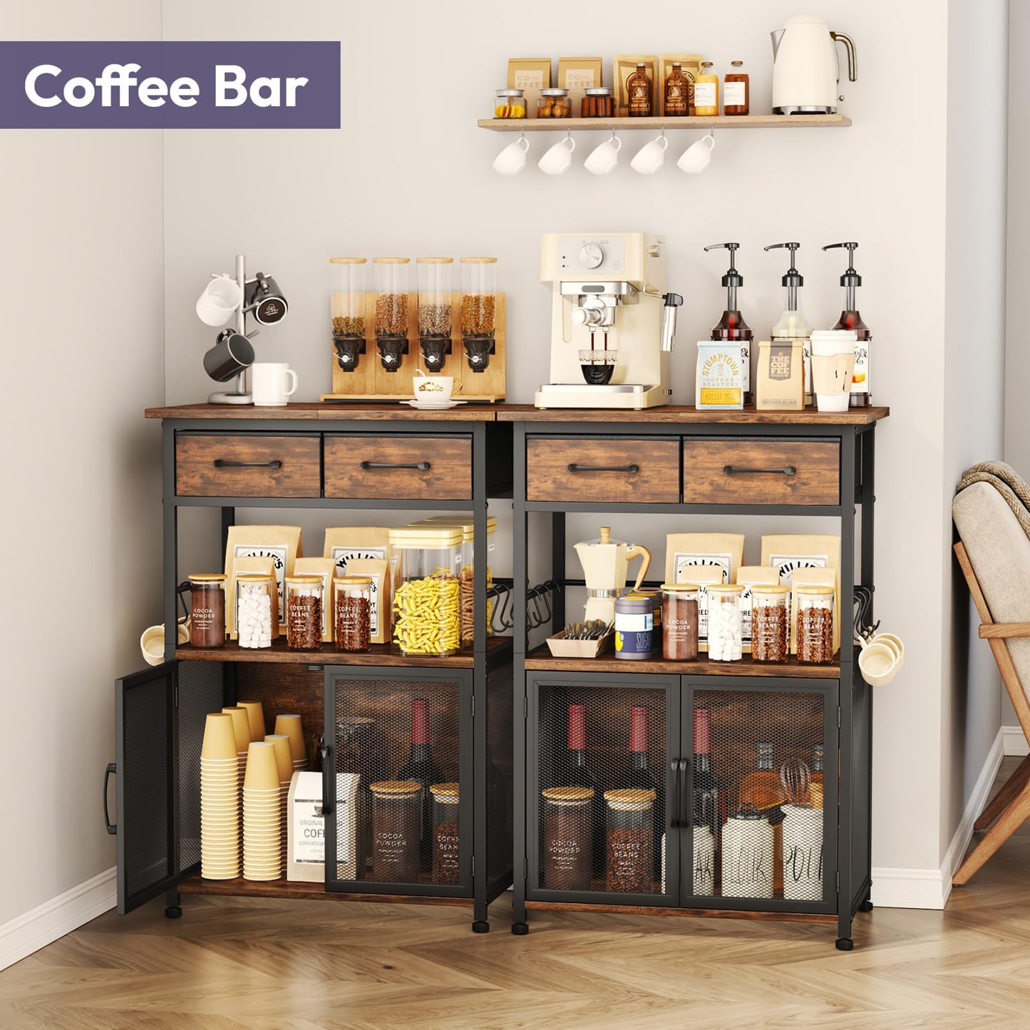 SWTYMIKI Coffee Bar Cabinet with Drawer - Coffee Stand Station with Removable Hooks, Buffet Cabinet