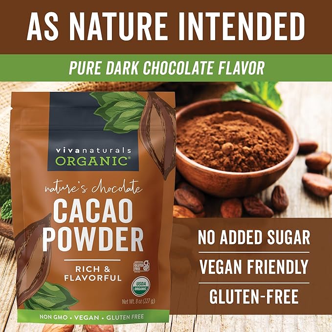 Viva Naturals Organic Cacao Powder, 8 oz - Unsweetened Cocoa Powder With Rich Dark Chocolate