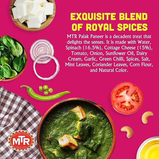 MTR - Minute Meals: Palak Paneer - Spiced Spinach Gravy with Cottage Cheese - Tasty Indian Meal