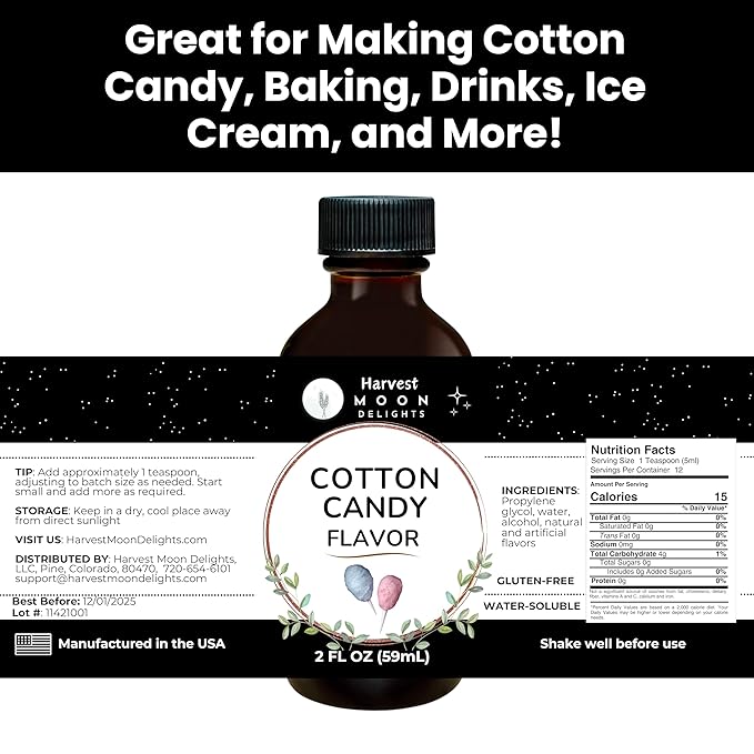 Cotton Candy Flavoring Extract - 2 oz - Water-Soluble - By Harvest Moon Delights - Cotton Candy