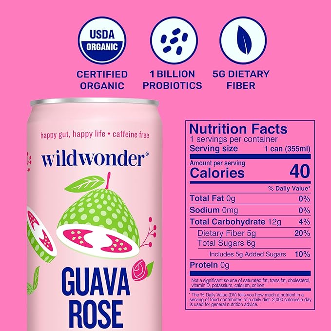 wildwonder Sparkling Probiotic Drink 12pk, For Gut Health & Immune Support, Guava Rose, 5g
