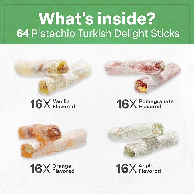 Eastanbul Turkish Delight, 17.6oz, Turkish Delights Candy Sticks Pistachio Filled w/ 4 Flavors: