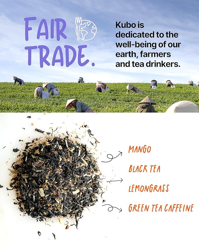 Kubo Tea Lemon Mango Black Tea - Organic High Caffeine Energy Blend - 20 Pyramid Tea Bags (155mg