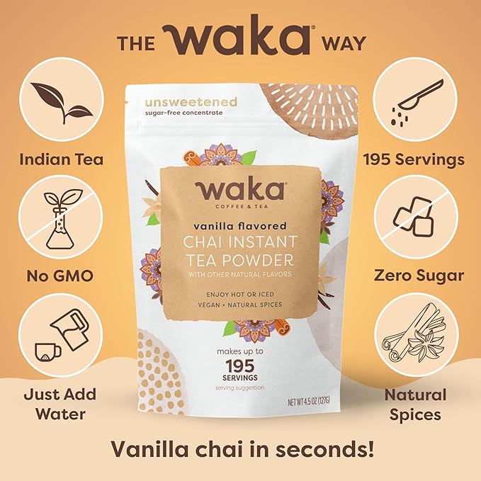 Waka Vanilla Chai Tea Mix - 100% Tea Leaves from India, Natural Spices, Unsweetened Tea Powder - No