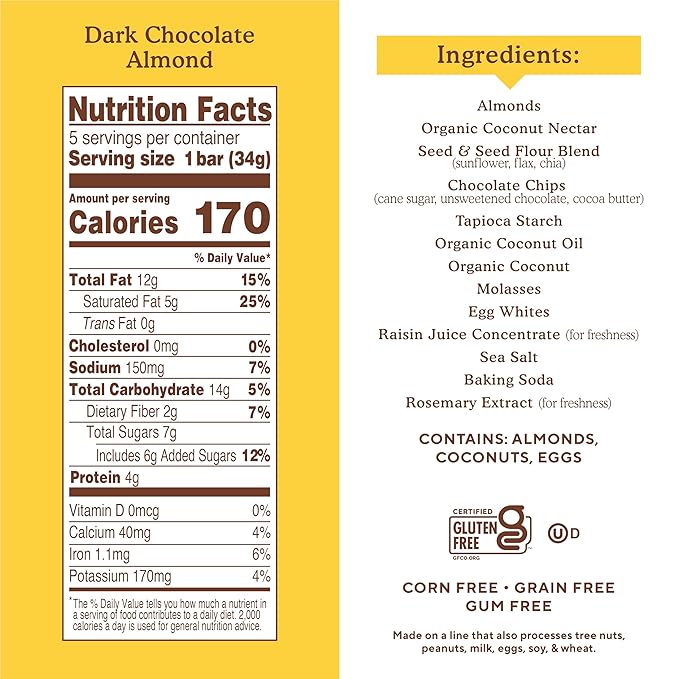 Simple Mills Almond Flour Snack Bars, Dark Chocolate Almond - Gluten Free, Made with Organic