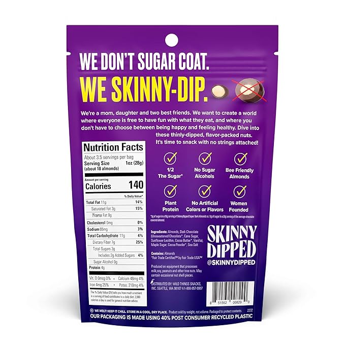 SkinnyDipped Super Dark Chocolate + Sea Salt Almonds, Vegan, Healthy Snack, Plant Protein, Gluten