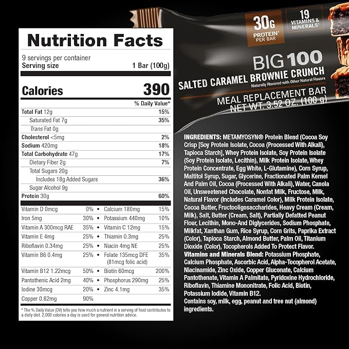 MET-Rx Big 100 Protein Bar, Meal Replacement Bar, 30G Protein, Salted Caramel Brownie Crunch, 9