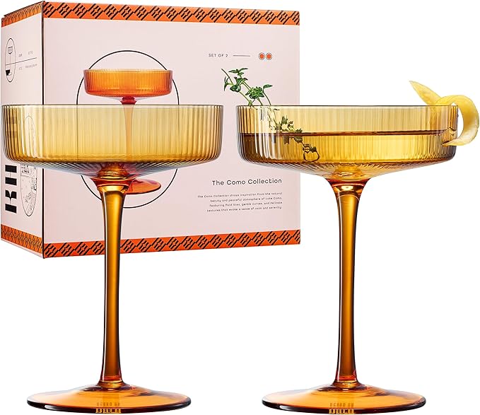 Khen Ribbed Vintage Art Deco Coupe Glasses - Martini, Champagne & Cocktail Ribbed Glasses 8oz |