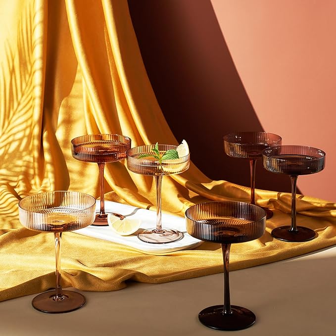 Khen Venus Colors 6 Pcs Ribbed Coupe Glasses, 10 oz Vintage Coupe Glass Set, Unique Martini Glass