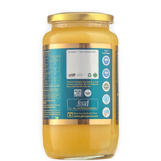 GirOrganic Grass Fed A2 Ghee| Clarified Butter (32 Oz) - Unsalted Gir Cow Ghee Butter - Organic