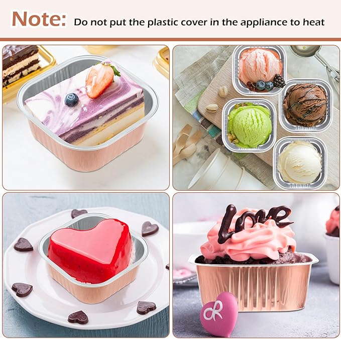 Aoriher 150 Pieces 10 oz Mini Cake Pans with Lids Aluminum Foil Baking Cups Square Disposable 4" x