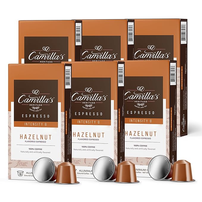 Camilla’s Heritage - Intensity 8 Hazelnut Flavored Espresso Coffee, Gourmet Espresso Cups, 60
