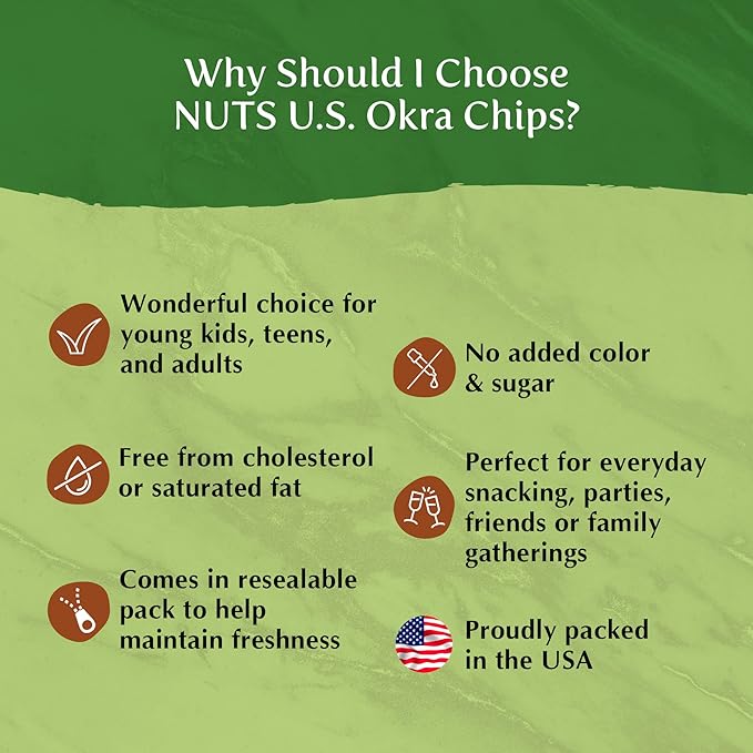 NUTS U.S. - Okra Chips | Sea-Salted | No Color Added and No Sugar Added | Natural | Delicious And