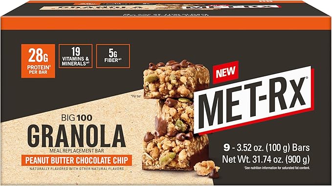 MET-Rx Big 100 Granola Protein Bar, Meal Replacement Bar, 32G Protein,Peanut Butter Chocolate Chip