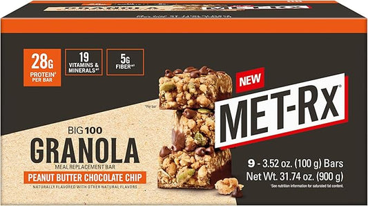 MET-Rx Big 100 Granola Protein Bar, Meal Replacement Bar, 32G Protein,Peanut Butter Chocolate Chip
