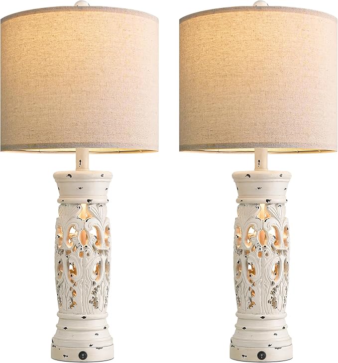 BOBOMOMO 27.25” Farmhouse Table Lamps Set of 2 – Antique White Bedside Lamps with Night Light & USB