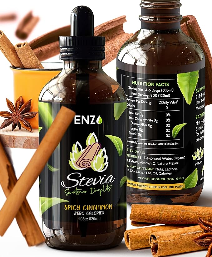 Enzo Liquid Stevia Drops Our Zero Calories Sweetener (4oz - 800 Servings/Bottle) - Cinnamon - All