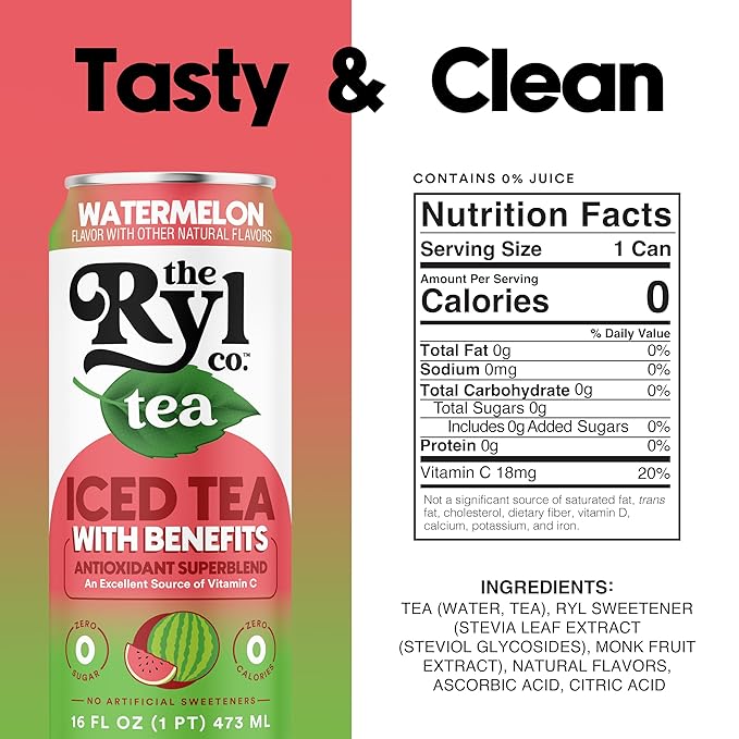 Ryl Iced Tea, Watermelon, Antioxidant Superblend, Zero Sugar, Low Carb, Zero Calorie Iced Tea, 16.0