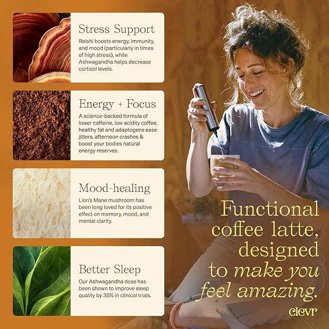 Clevr Blends Mushroom Coffee Latte, Instant Powder with Oat Milk, Lions Mane, Reishi Mushroom