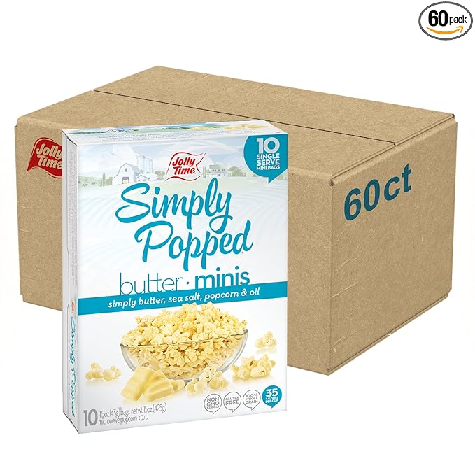 Jolly Time Simply Popped Butter Minis, Lightly Salted Microwave Popcorn, 1.5oz Personal Bag, 10