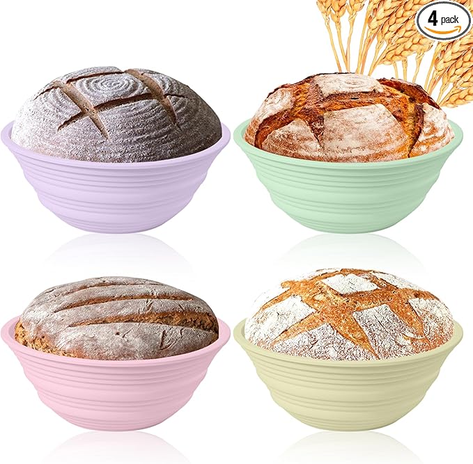 4Pcs Silicone Bread Proofing Baskets, 9" Collapsible Sourdough Bread Baking Supplies Non-Stick