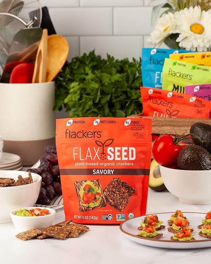 Flackers Organic Savory Flaxseed Crackers, 5 Ounce 4-Pack, Gluten Free, Non GMO, Vegan, Keto Snack