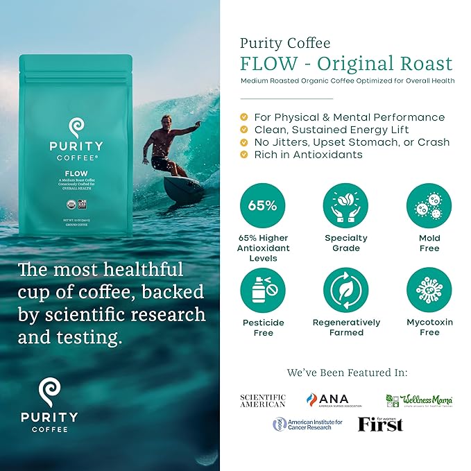 Purity Coffee FLOW Original Medium Roast Ground Coffee for Focus and Clean Energy - USDA Organic