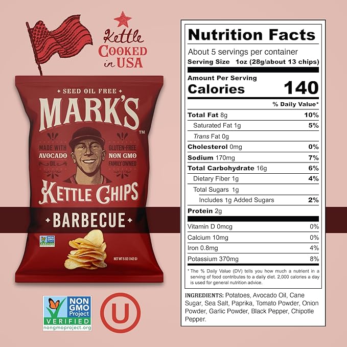 MARK???Kettle Cooked Avocado Oil Potato Chips, BBQ ??Seed Oil & GMO Free | Barbecue, 5 oz (Pack of