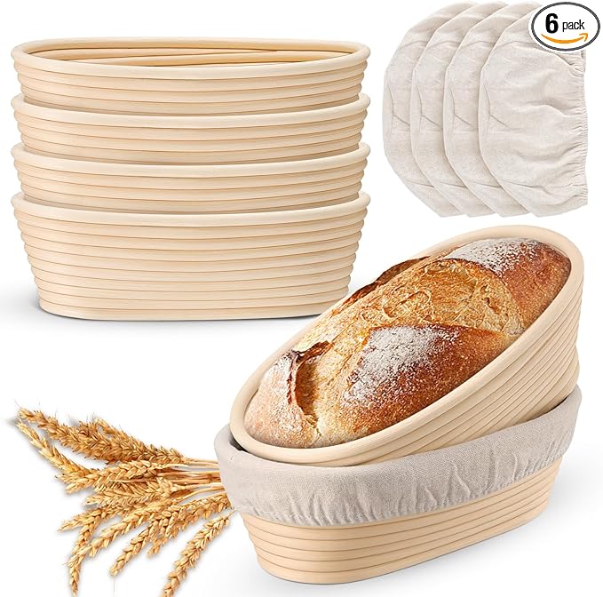 P&P CHEF Sourdough Bread Proofing Basket Set of 6, 10 Inch Oval Dough Proofing Bowls, Sourdough