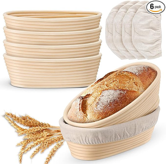 P&P CHEF Sourdough Bread Proofing Basket Set of 6, 10 Inch Oval Dough Proofing Bowls, Sourdough
