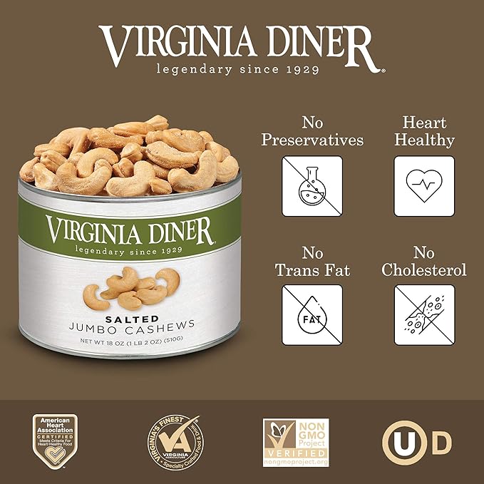 Virginia Diner Jumbo Salted Cashews - Non-GMO, Preservative Free Gourmet Cashews Gift from Virginia
