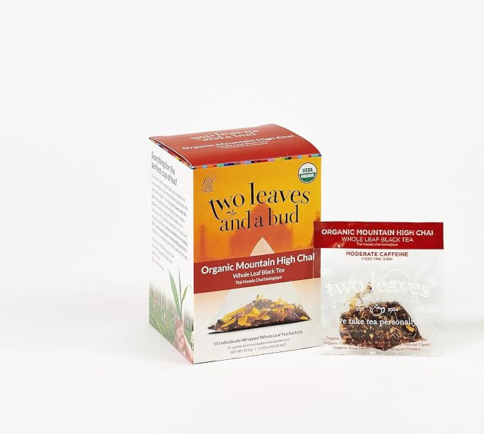 Two Leaves and a Bud Organic Mountain High Chai Tea Bags, Whole Leaf Black Tea and Spices in