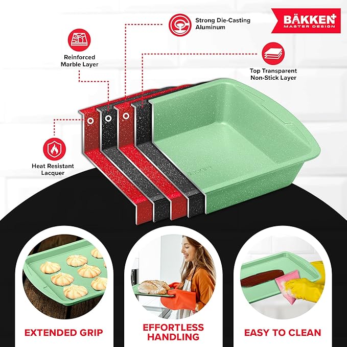BAKKEN Kitchen Baking Pan Set - Nonstick Green Marble Coating, Commercial Grade Carbon Steel