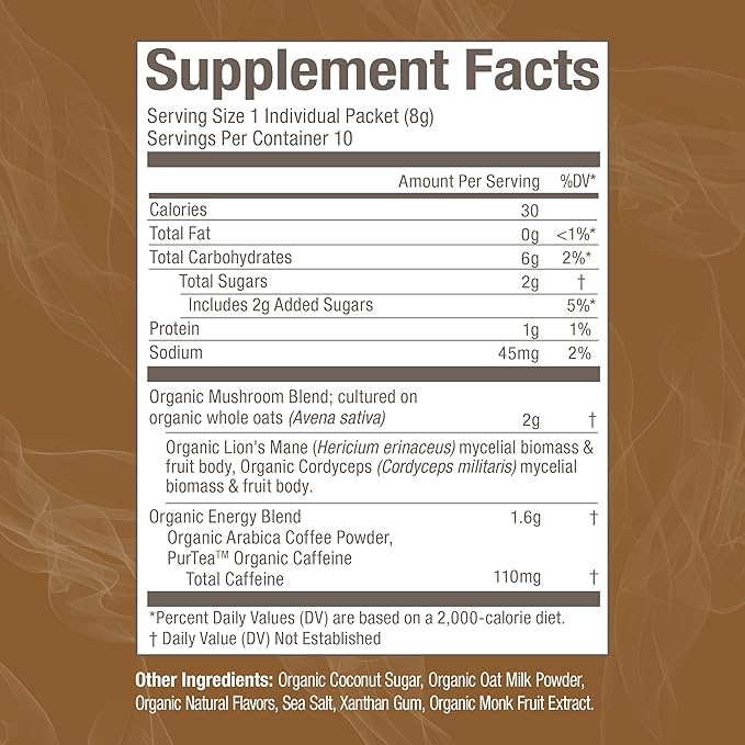 OM MUSHROOM SUPERFOOD Coffee Latte Blend Mushroom Powder, Single Serve, 10 Count, Lion's Mane